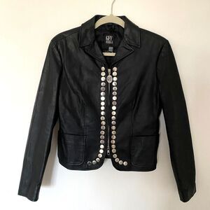 VTG Gianfranco Ferre Black Leather Jacket Italian Metal Buttons Collector Sz 10
